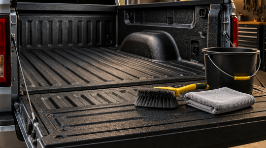 Illustration of a textured black pickup bed with a washing brush, folded cloth and bucket on the tailgate.