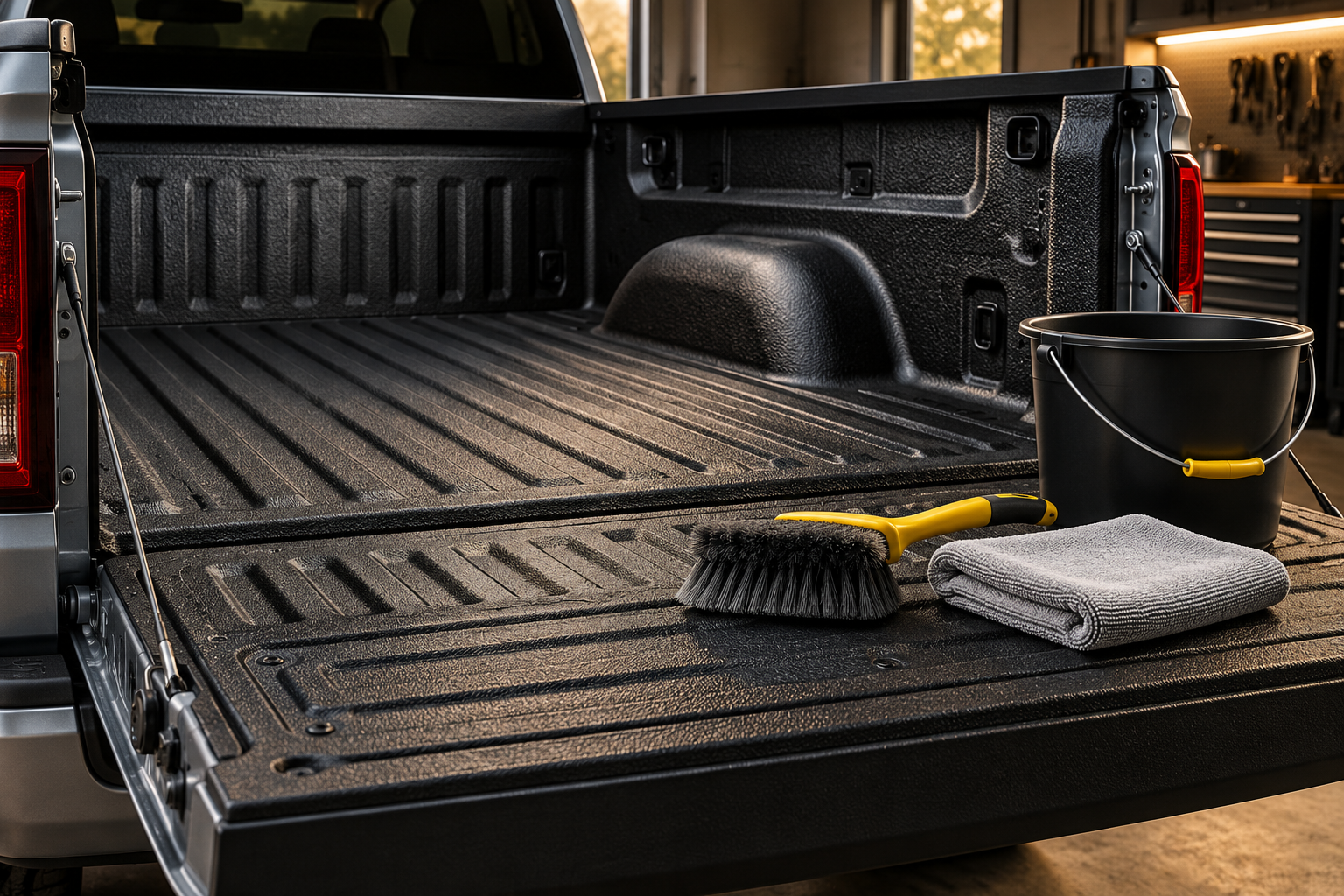 Illustration of a textured black pickup bed with a washing brush, folded cloth and bucket on the tailgate.