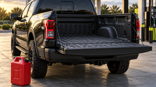 A closed red fuel container rests on the ground beside a pickup with an empty textured black bedliner.