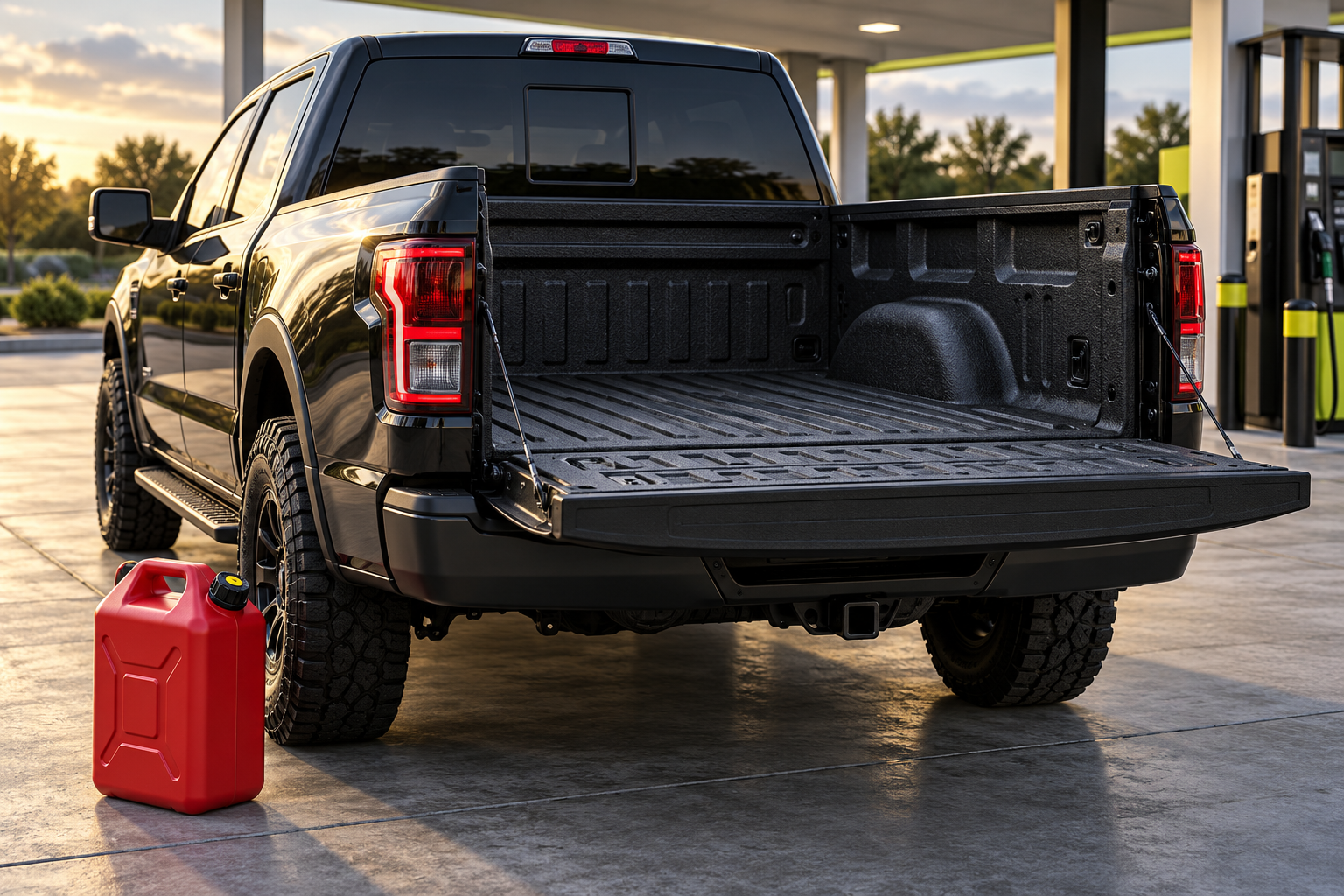 A closed red fuel container rests on the ground beside a pickup with an empty textured black bedliner.