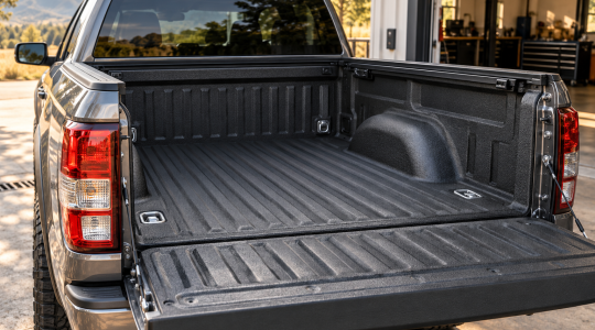 Pickup truck with an open tailgate, black textured spray-in bedliner, accessible tie-downs and bed-cover rails.