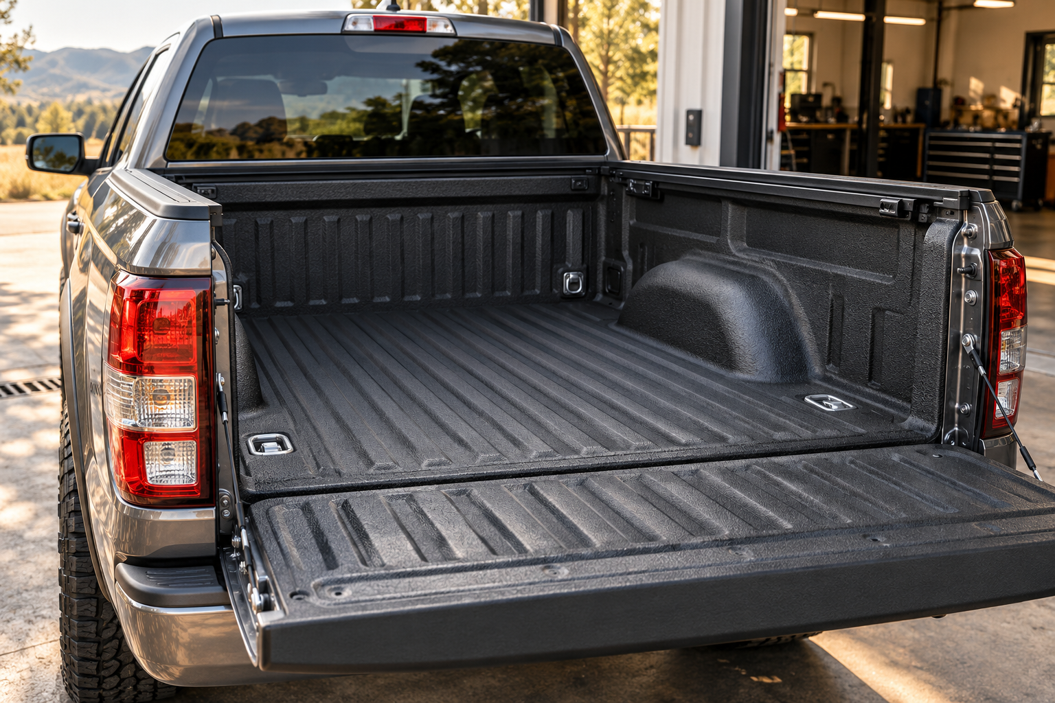 Pickup truck with an open tailgate, black textured spray-in bedliner, accessible tie-downs and bed-cover rails.