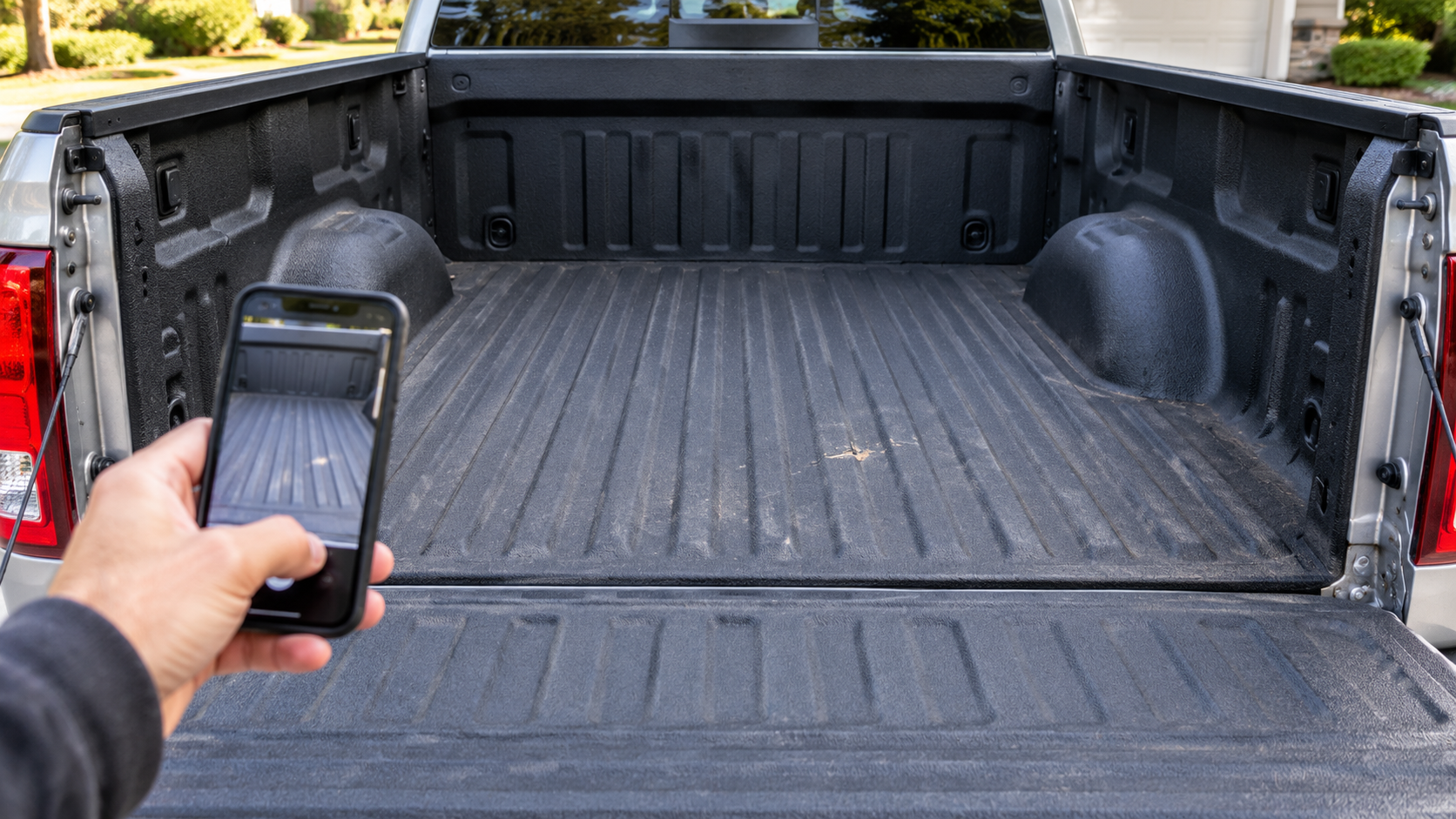 A phone photographing a worn spray-in truck bedliner for a repair estimate, conceptual illustration.