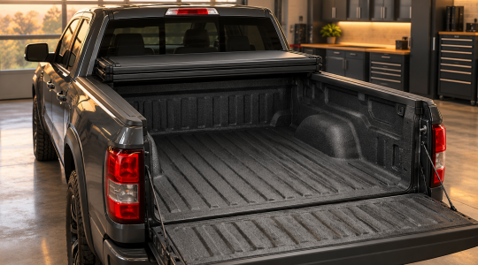 Conceptual illustration of a spray-lined pickup bed with the tailgate lowered and a tonneau cover folded near the cab.