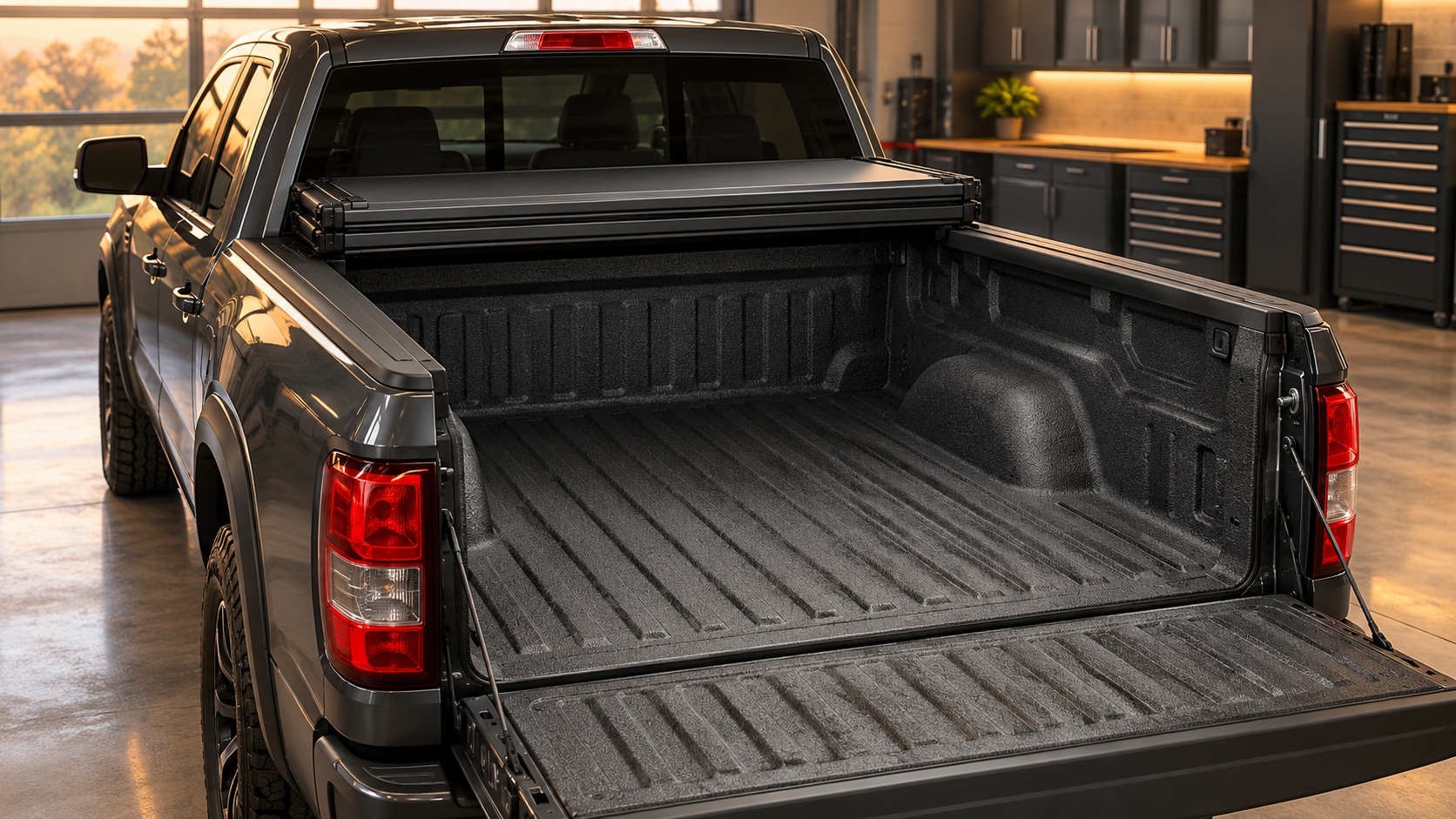 Conceptual illustration of a spray-lined pickup bed with the tailgate lowered and a tonneau cover folded near the cab.