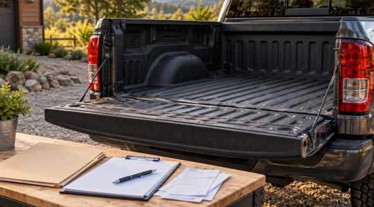 An open pickup tailgate showing a textured black bedliner beside a folder and blank purchase records.