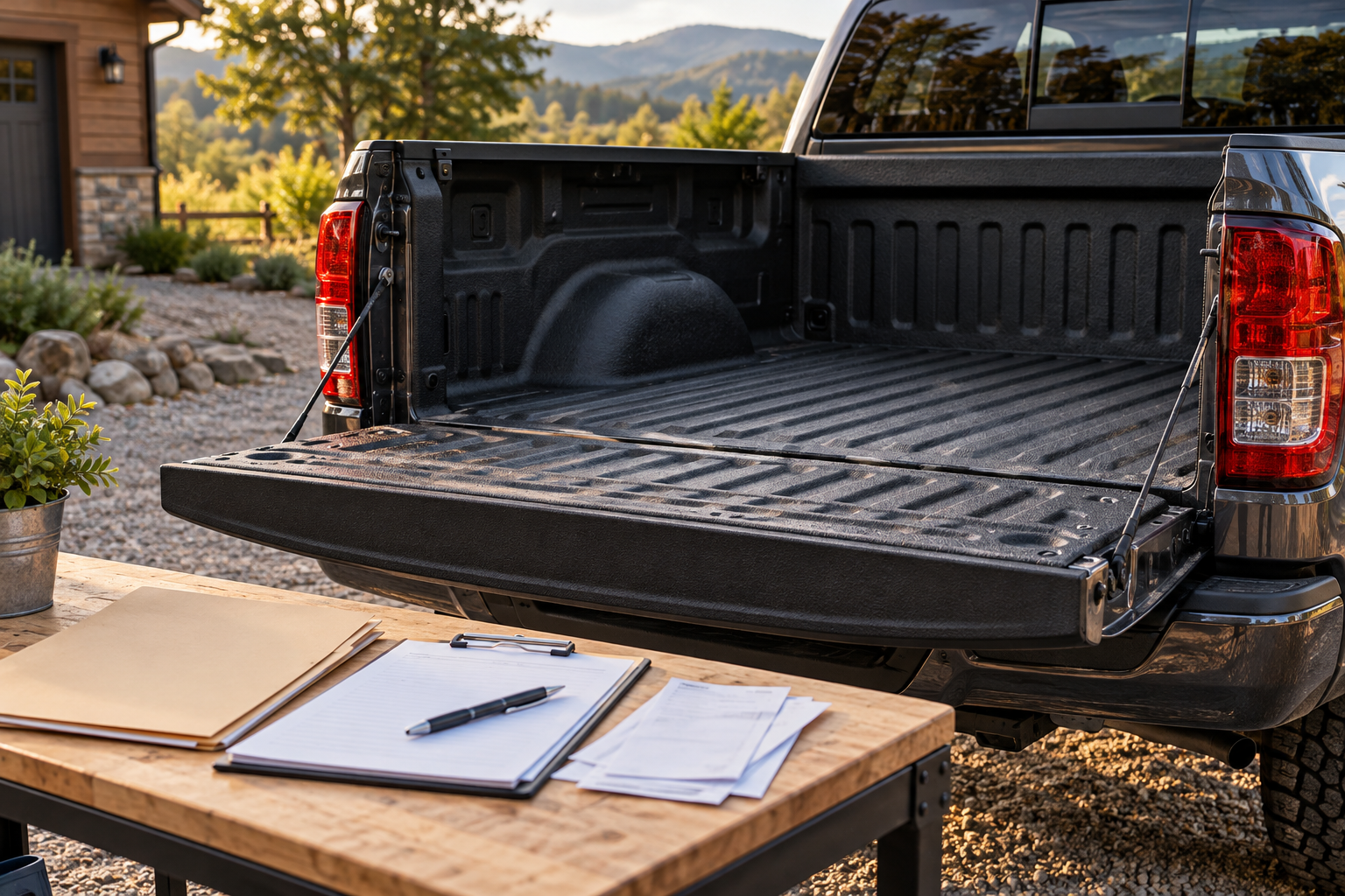 An open pickup tailgate showing a textured black bedliner beside a folder and blank purchase records.