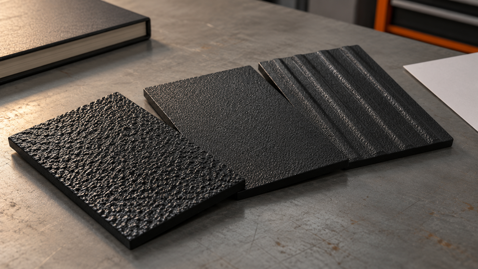 Black textured coating sample panels beside a plain manual on a workshop table.